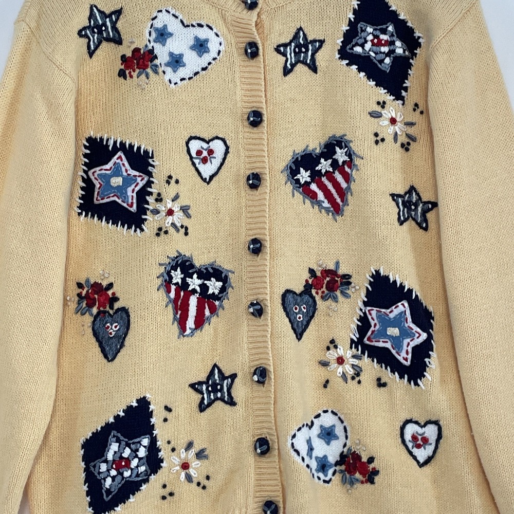 Vintage Heirloom Collectibles Cardigan Sweater USA Hearts Cottagecore Granny L - Picture 2 of 13
